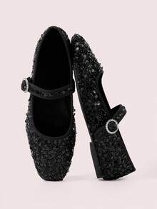 CUCCOO DOLLMOD Women's Black Sequin Glitter Low Vamp With One-Piece Round Rhinestone Buckle Design Square Toe Flat Shoes, Fashionable And Elegant, Suitable For Birthday Parties - Black - View 1