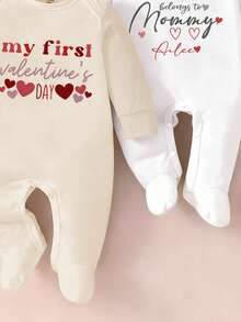 2pcs/Set "Love Mommy" Print Long Sleeve Newborn Baby Footie Rompers, Soft & Comfortable Fabric, Cute & Lively Look, Embracing Feeling Like Mom - Multicolor - View 5