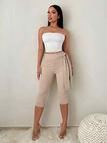 SHEIN SXY 女士高腰修身休闲打底裤，日常百搭 - 棕色 - 查看 4