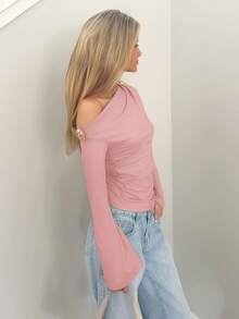 Sydney Algeri Women's Solid Color Metal 3D Flower Decor Asymmetrical Shoulder T-Shirt - Pink - View 3