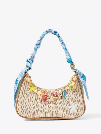 Viva Strut 1pc Summer Beach Starfish Series Shell & Seashell Woven Shoulder Hand Carry Bag, Beach Bag, Straw Handbag For Women (Charm Color & Style Randomly) , Summer