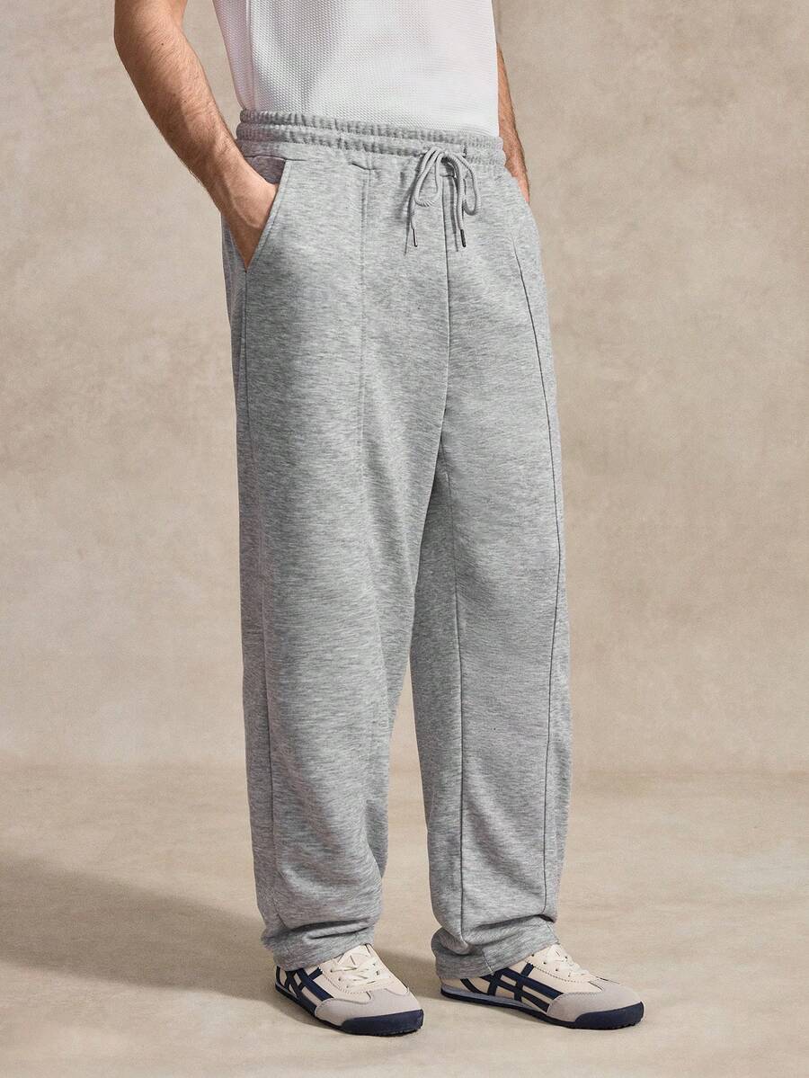 Courvante Casual Young Street Spliced Men's Drawstring Sweatpants, Knit Fabric Solid, Grey Joggers, Baggy, With Pocket, For Tennis Sport, Father's Day Gift For Father & Boyfriend, Outfits For Men - Grey - View 1