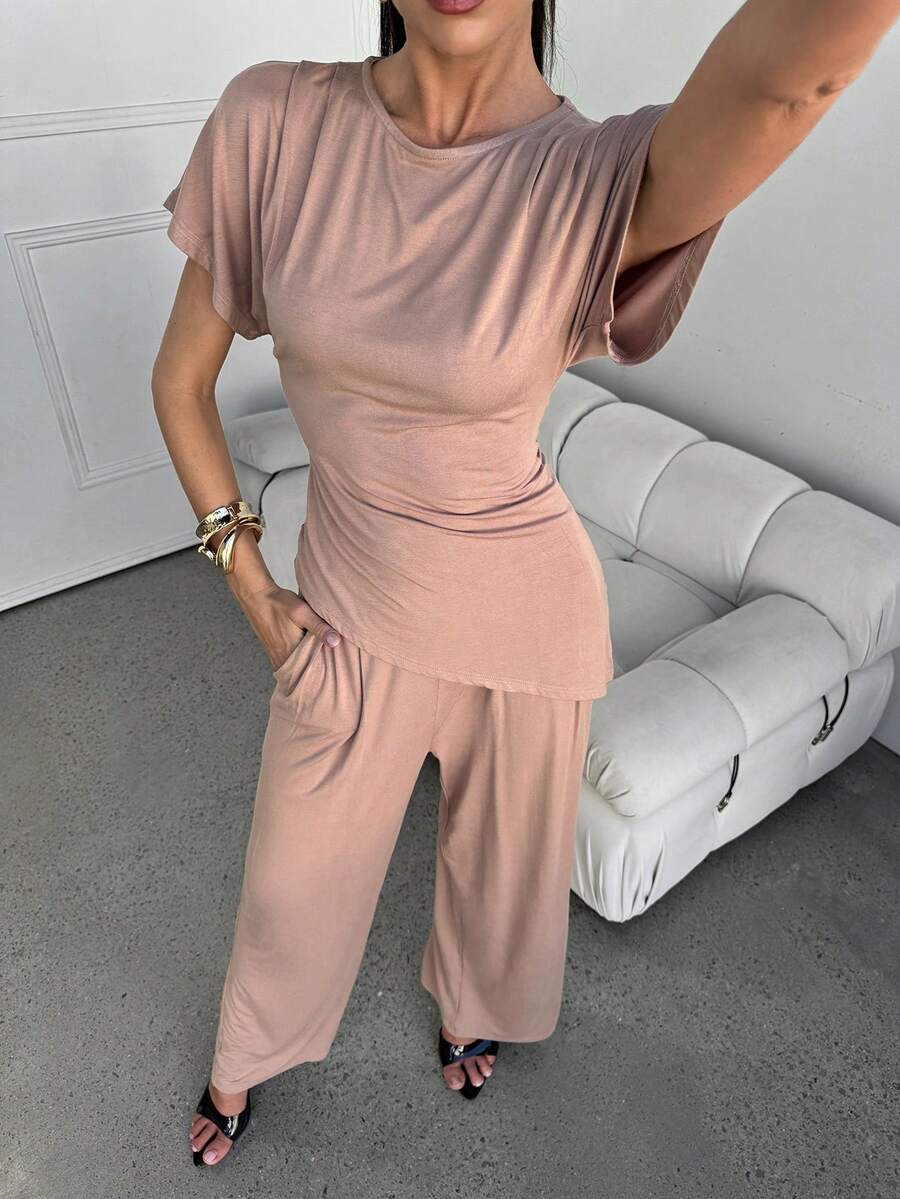 Lavishia Conjunto cómodo y elegante de 2 piezas para uso diario: Top con pliegues de manga corta y pantalones de pierna ancha - Caqui - Ver 1