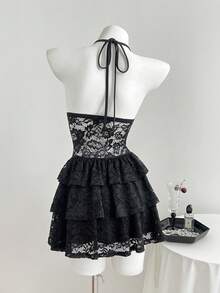 Elamini Women's Casual Vacation Sexy Lace Sheer V-Neck Halter Tie Strap Mini Dress, Summer Black Lace Dress Ruffle Hem Dress Party Dress - Black - View 2