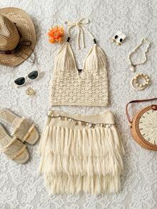 Soleia Women's Light Beige Summer Boho Beach Vacation Holiday Knit Halter V-Neck Backless Crop Top&Tassel Fringe Hem Mini Skirt 2 Pieces Set For Party,Boho - Apricot - View 4