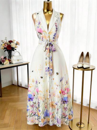 GlowEve 女士优雅奶油色印花翻领收腰无袖连衣裙，春夏款