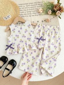 SHEIN LMoss Kids 女嬰花卉印花鈕扣設計上衣與褲子套裝 - 彩色 - 查看 2