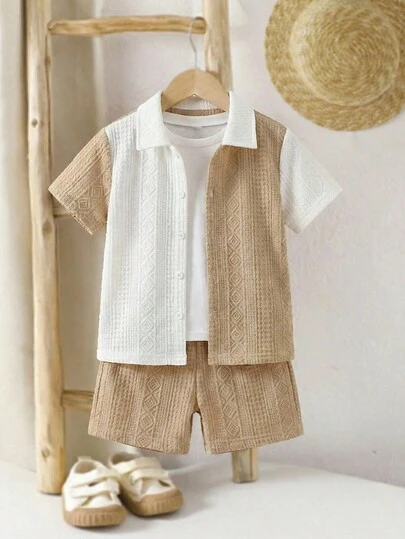 2pcs/Set Toddler Boys' Textured Fabric Color Block Polo Collar Short Sleeve Shirt And Shorts Set, Casual Spring/Summer