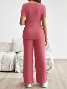 SHEIN 2pcs Maternity Solid Color Short Sleeve Top And Adjustable Waist Casual Pants Set - Hot Pink - View 2