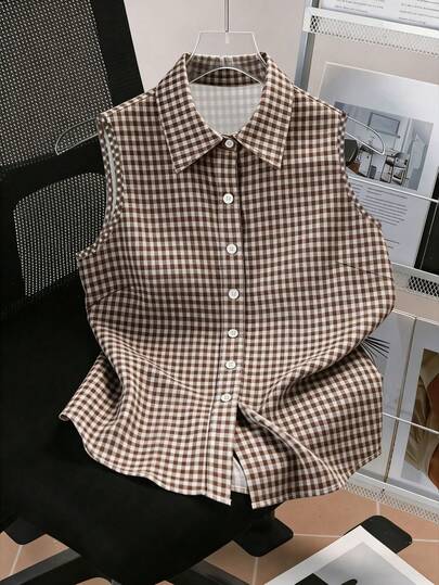 Resyla Women's Sleeveless Shirt, Classic Plaid Print Pattern, Summer Casual Blouse, Elegant Design, Versatile For Daily, Outdoor, Shopping, Travel