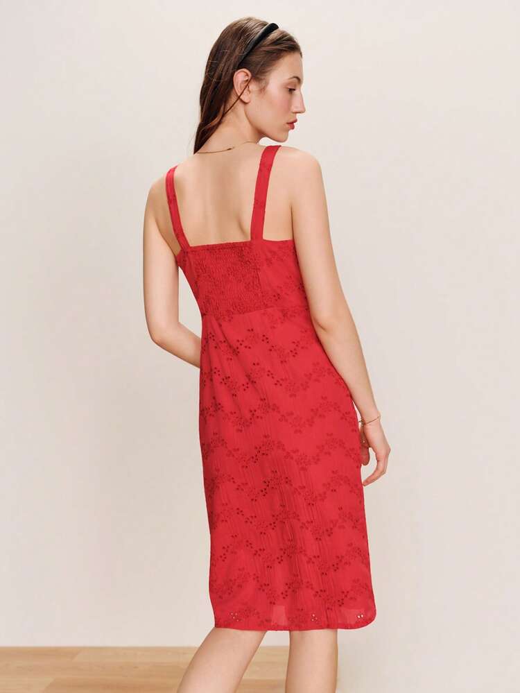 Vestido midi rojo bordado con pliegue delantero, vestido de primavera y verano para vacaciones, vestido rojo de fiesta, estilo francés parisino