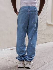 BelSigned BelSigned 男士破洞直筒牛仔裤，斜口袋设计，蓝色磨边牛仔裤，适合送给老公或男朋友的礼物，emo 风格 - 藍色 - 查看 2