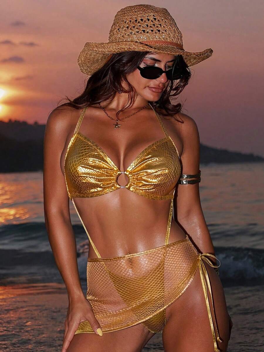 Swim SXY 2026 纯色蛇皮箔印连体网状泳衣，带系带巴西式比基尼泳裤套装 - 金色 - 查看 1