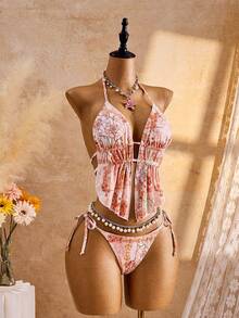 Bellisia Women's Two Pieces Tropical Cute Print Halter Neck Tie Pants Side Tie Beach Vacation Casual Party Bikini Set Set - Multicolor - View 3