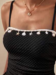 Écloséra Conjunto de biquíni feminino de duas peças em tecido texturizado com decoração de conchas do mar, biquíni casual para férias. - Preto - Ver 4