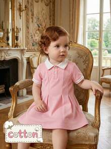 SHEIN Playful Pals Baby Girl Contrast Trim Casual Short Sleeve Dress - Pink - View 8