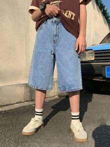 SHEIN Quần jean ống rộng màu xanh dương dáng lửng cho bé trai tuổi teen, phong cách thường ngày Y2K cổ điển, thoải mái và đơn giản, thích hợp mặc hàng ngày. Trang phục mùa xuân hè cho bé trai, trang phục dự tiệc, trang phục đường phố, thời trang mới SS26. - Màu xanh lam - Xem 7