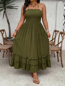 SHEIN VCAY Vestido casual de vacaciones con cuello halter sin espalda de unicolor para mujer de talla grande - Verde militar - Ver 2