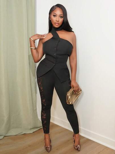 Chea Andrea 2025 Winter & Sommer Neue Schwarze Asymmetrische Schnittform Asymmetrischer Drapierter Ausschnitt Vordere Offene Einreihige Damen Weste, Modern Elegant für Party, Stadtverkehr, Ausflug, Date, Party, Konzert, Bühnenauftritt, Brunch, Flughafen, Sommerurlaub