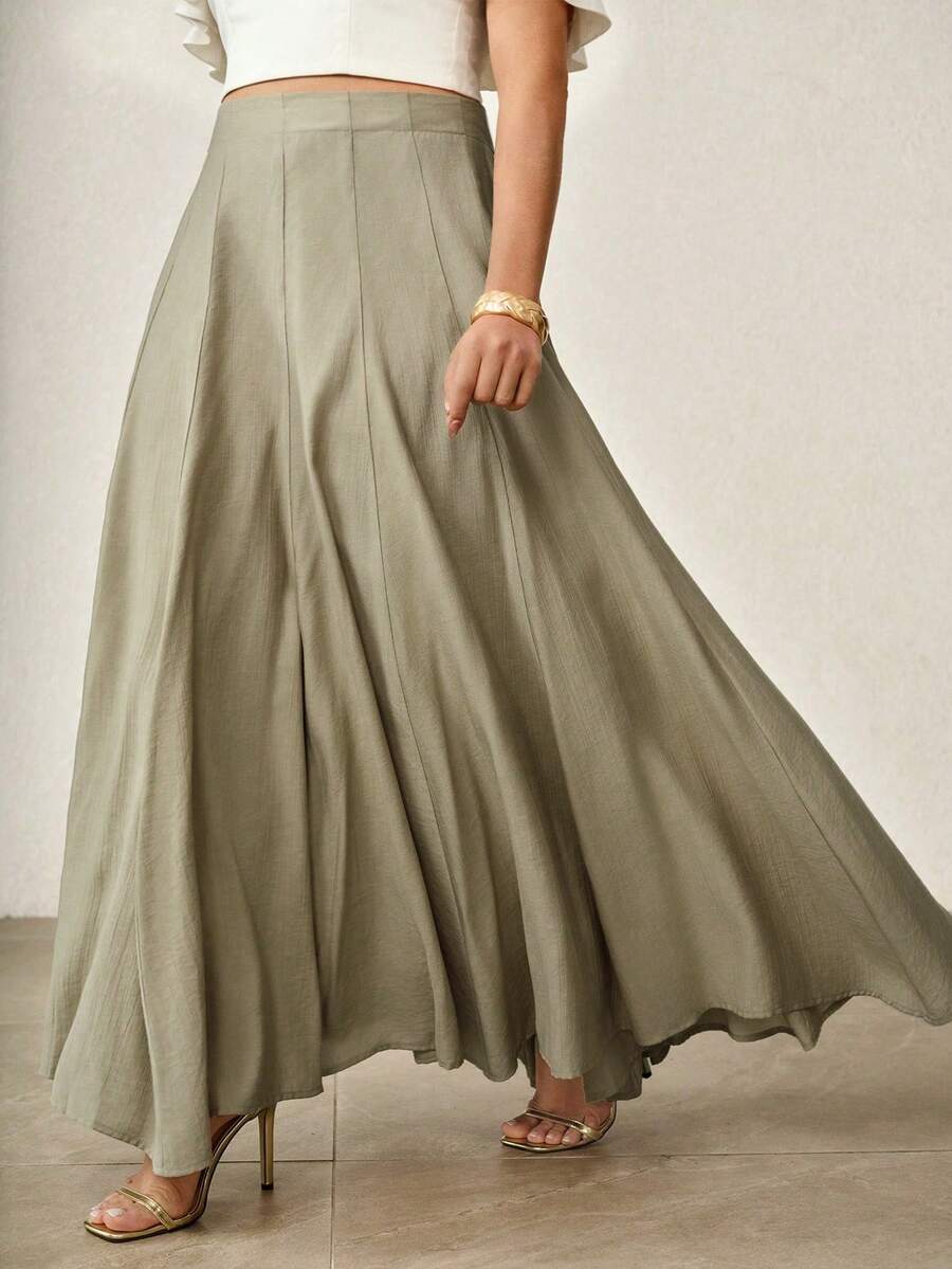 MOTF PREMIUM 大码纯色高腰喇叭裙 - 卡其色 - 查看 1