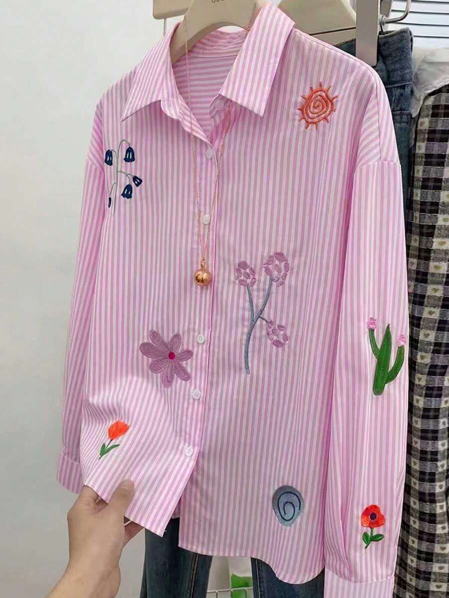Everyssa Áo sơ mi dài tay nữ kẻ sọc thêu hoa, kiểu dáng thường ngày, đa năng. - Hồng - Xem 1