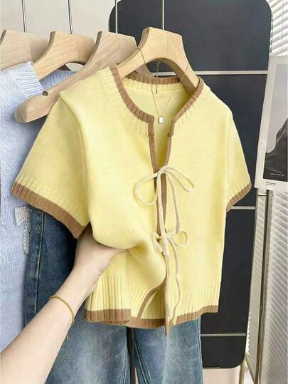 SHEIN Franclia Casual Loose Round Neck Short Sleeve Knitted Top With Front Tie Design And Contrast Trim, Khaki, Spring/Summer For Women