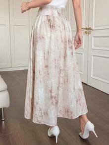 Celisse Chân váy nhuộm tie-dye màu mơ giả vải lanh dành cho nữ - Màu be - Xem 2