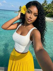 Slaydiva Conjunto feminino de duas peças para primavera/verão 2026, composto por regata cropped branca canelada com decote quadrado e saia longa amarela em formato A. Ideal para o dia a dia, férias, viagens, encontros, casamentos, como convidada de casamento, praia, estilo country, nômade, casual, aeroporto, brunch, volta às aulas e boho-chic. - Multicolorido - Ver 7