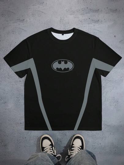 BATMAN X SHEIN 加大码男士撞色蝙蝠印花圆领短袖T恤