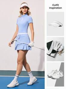 CourtClass Women's Golf Outfit Set, New Ruffled Collar Short Sleeve Top And Ruffled Skirt Anti-Exposure Golf Set - Blue - View 3