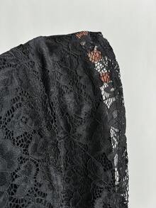 Elamini Women's Casual Vacation Sexy Lace Sheer V-Neck Halter Tie Strap Mini Dress, Summer Black Lace Dress Ruffle Hem Dress Party Dress - Black - View 6