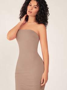 SHEIN BASICS Vestido casual ceñido sin tirantes para cena - Caqui - Ver 5