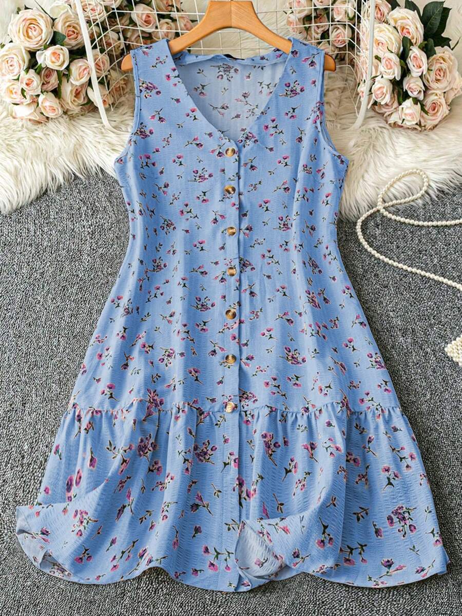 SHEIN LUNE 大码女式无袖拼接荷叶边下摆简约V领条纹印花刺绣休闲连衣裙，前襟纽扣闭合 - 彩色 - 查看 1