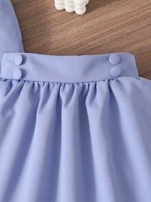 Girls' Sweet Princess Style Buttercup Yellow Vest & Shorts Set, Spring/Summer, Multi-Layer Bow Button Decor Flared Sleeve Top & Shorts 2pcs Outfit, Suitable For Daily Wear, Small Parties - Blue - View 9