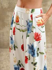 Arave Women's High Waist Wide Leg Pleated Floral Print Design Casual Commuter Pants - White - View 4