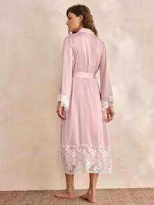 Charlaine 女士撞色蕾丝睡衣套装，简约时尚家居服，适合日常穿着，秋冬服装 - 淺粉色 - 查看 4