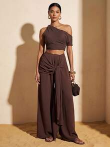 Zivah 2026春夏新款，适合婚礼季、音乐节、复活节、西部风、游牧风、波西米亚风、纳什维尔风、派对、婚礼、晚宴、约会、聚会、生日、学院风、学生装、日常休闲、百搭、休闲、度假、邮轮旅行、海滩、日光浴、爆款、优雅、通勤、商务休闲阔腿裤，腰部系带，深棕色裤子，春夏裤，休闲裤，度假裤，优雅裤，通勤裤，女裤 - 咖啡棕 - 查看 4