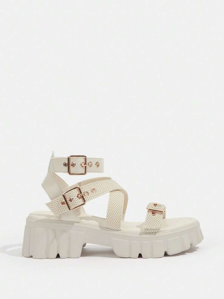 Woman Shoes Fashion Buckle Detail Platform White Ankle Strap Sandals For Summer Vacation Shoes Summer Back To School Shoes College Student Shoes Christmas Fall New Year Holiday