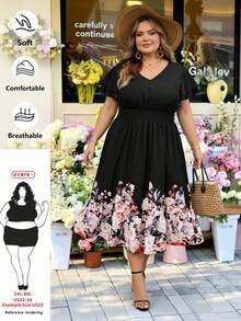 SHEIN CURVE+ Curve 尺码 US22 音乐节、海滨度假、波西米亚风女士优雅印花中长裙、春夏印花连衣裙 - 彩色 - 查看 2