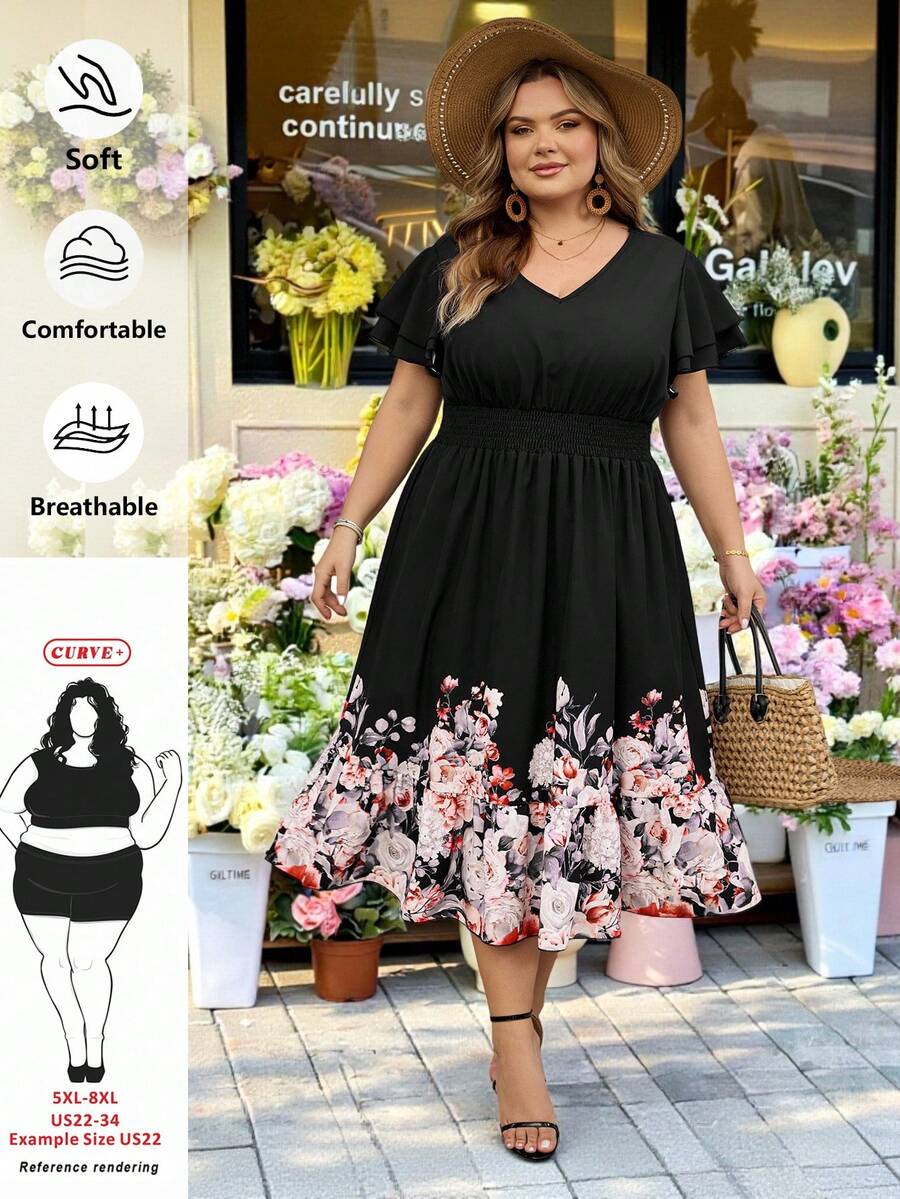 SHEIN CURVE+ Curve 尺码 US22 音乐节、海滨度假、波西米亚风女士优雅印花中长裙、春夏印花连衣裙