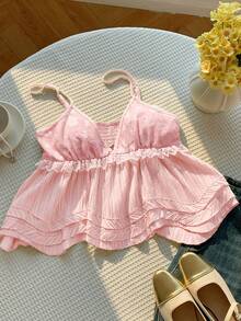 Comfortcana Camiseta de tirantes casual de unicolor con ribete de encaje para mujer - Rosa - Ver 3