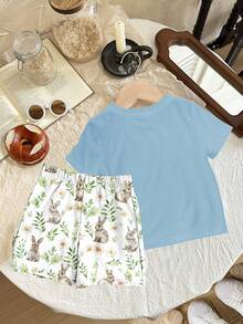 Pressed Flowers Sets, Boho Rabbit Wildflowers Rabbit Plant Sets, Vintage Botanical Sets Pastel Rabbit Floral Nature Sets Young Girl Casual Minimalist Short Sleeve Shorts 2-Piece Set, Suitable For Summer - Multicolor - View 3