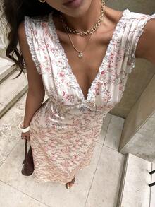 INAWLY Vestido Floral de Decote em V Profundo para Mulheres, Estilo de Férias - Damasco - Visão 5