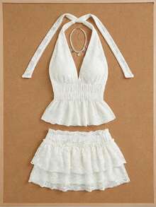 Elamini Women's Halter Neck Tie Knit Textured Top And Mini Frill Trim Skirt 2-Piece Set - Apricot - View 1