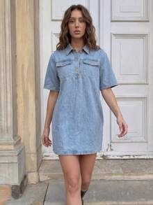 SHEIN EZwear Đầm nữ dáng rộng thoải mái, đầm tay ngắn, đầm mặc ngoài trời, đầm xuân hè, đầm cổ bẻ, đầm thường ngày kiểu Mỹ, đầm đi nghỉ mát. - màu đen - Xem 5