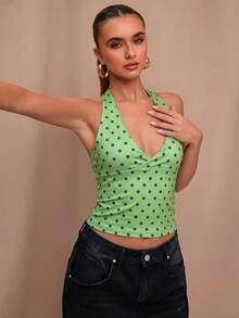 SHEIN BAE 黑色波点印花休闲露背上衣，适合早午餐、外出、约会、通勤、邮轮旅行、伊比沙岛度假等场合。 - 橄欖綠 - 查看 5