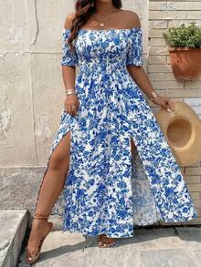 Breezaya Vestido de vacaciones con estampado floral elegante, hombros descubiertos y abertura alta para mujer de talla grande - Azul - Ver 1