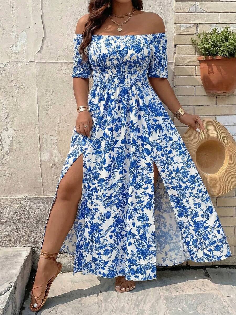 Breezaya Vestido de vacaciones con estampado floral elegante, hombros descubiertos y abertura alta para mujer de talla grande - Azul - Ver 1