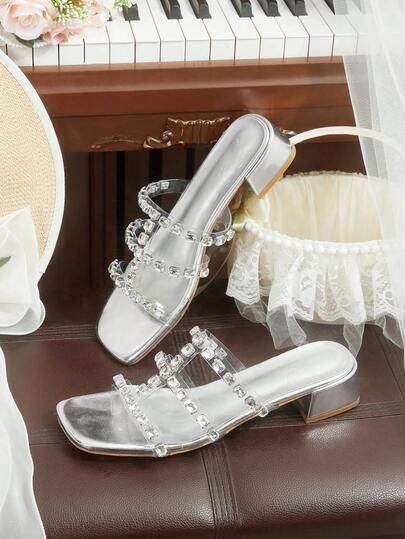 CUCCOO HITCHD Women's Silver Rhinestone Decor Transparent Strap Open Toe Mid Heel Mules, Fashionable Elegant Slip-On Comfortable Sandals With Stylish Goddess Vibe