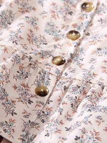 Elladie kids 两件套少女复古碎花纹理纽扣无袖荷叶边上衣和休闲裤套装，适合日常穿着、春夏外出、派对、返校季等场合。 - 棕色 - 查看 5